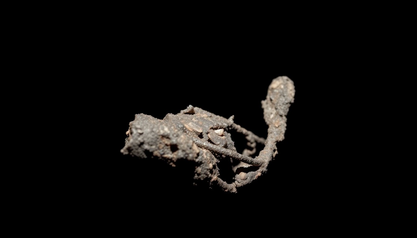 An extreme close-up photograph of a charred, twisted metal object from the Highlander Center fire, capturing the stark, gritty aftermath of the destructive blaze.