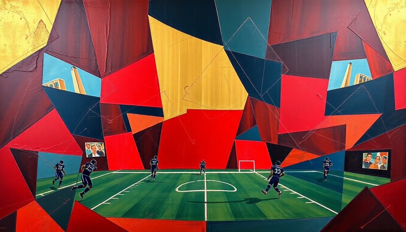 A cubist, geometric painting depicting a football game in motion, with sharp, overlapping planes of red, blue, and gold conveying the raw energy and collaborative nature of the sport.