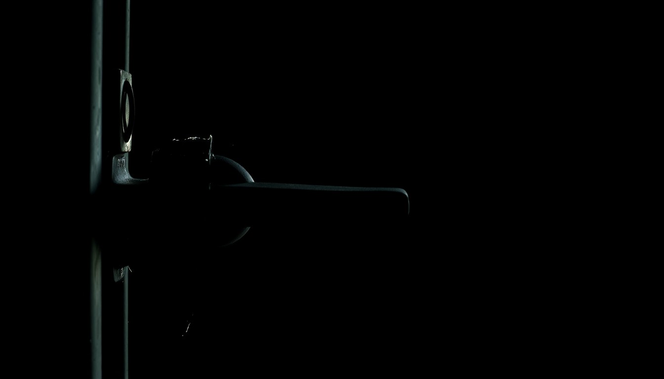 An extreme close-up photograph of a damaged fire truck door handle, the metal surface scarred and dented, lit by a harsh, direct camera flash against a pitch-black background, creating a stark, gritty, investigative aesthetic.