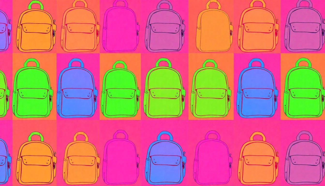 A brightly colored, high-contrast silkscreen-style illustration featuring a repeating grid of a single iconic school supply item, such as a backpack or pencil, rendered in vibrant neon hues and heavy black outlines to capture the energy and emotion of the LAUSD labor dispute.