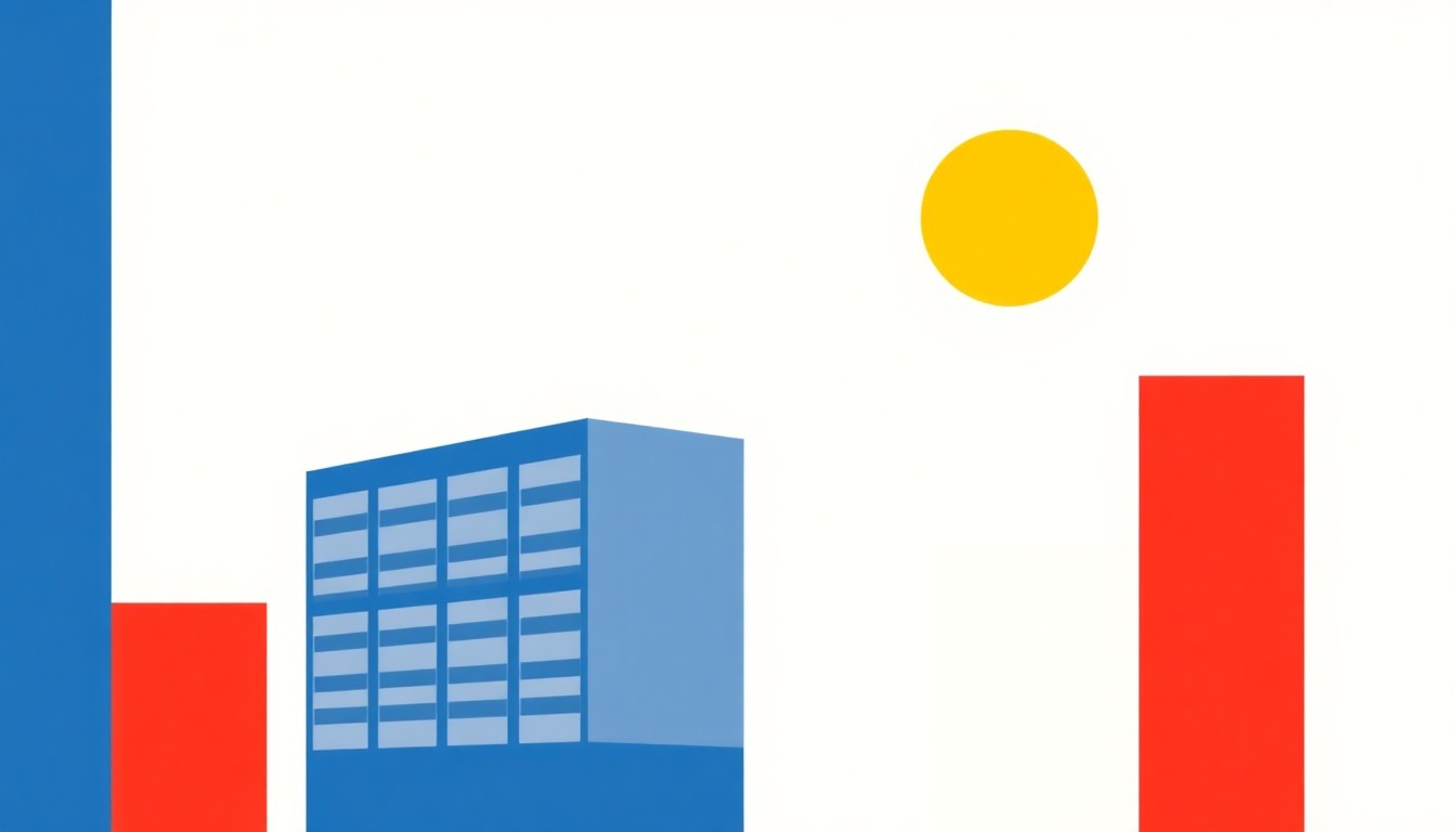 A minimalist illustration using bold geometric shapes and primary colors to conceptually represent the impact of data centers on energy costs and the need for policy changes.
