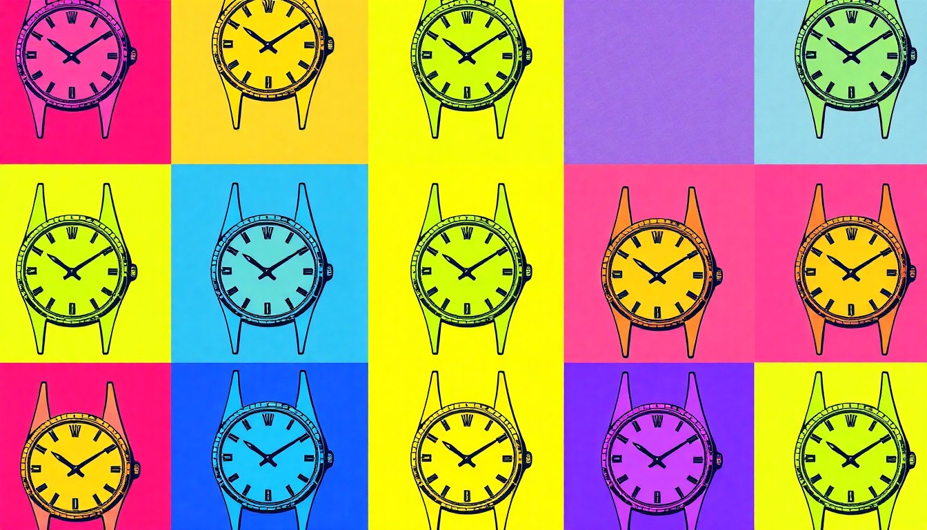 A high-contrast, silkscreen-style illustration of a single Rolex Oyster watch model repeated in a grid pattern, rendered in a vibrant, neon color palette that transforms the classic timepiece into a modern pop art piece.
