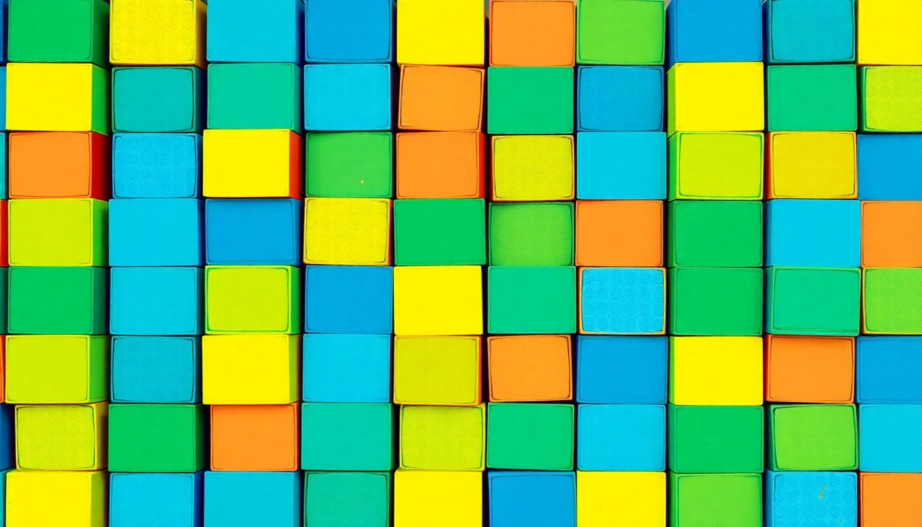 A bold, colorful silkscreen illustration of stacked children's building blocks in a repeating grid pattern, representing the playful, educational focus of the new KinderCare center.