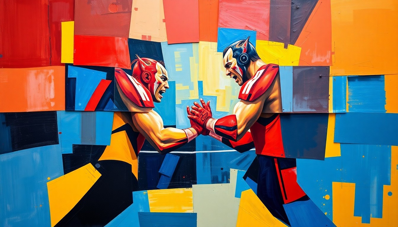 A fragmented, abstract painting depicting a professional wrestling match, with sharp geometric shapes and planes in bold primary colors representing the dynamic movements and high-stakes action of the sport.