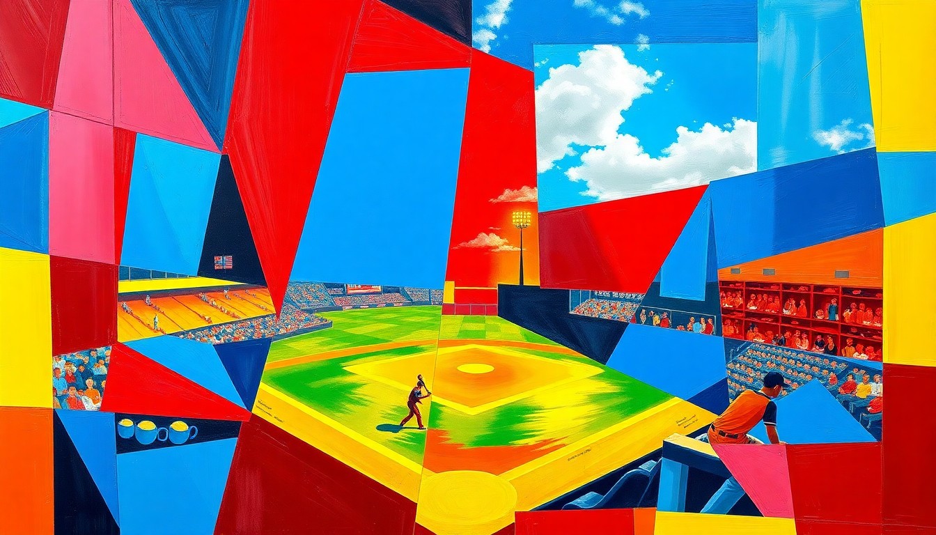 A cubist-style painting featuring overlapping geometric shapes and planes in shades of blue, red, and yellow, abstractly representing the action and energy of a softball game.