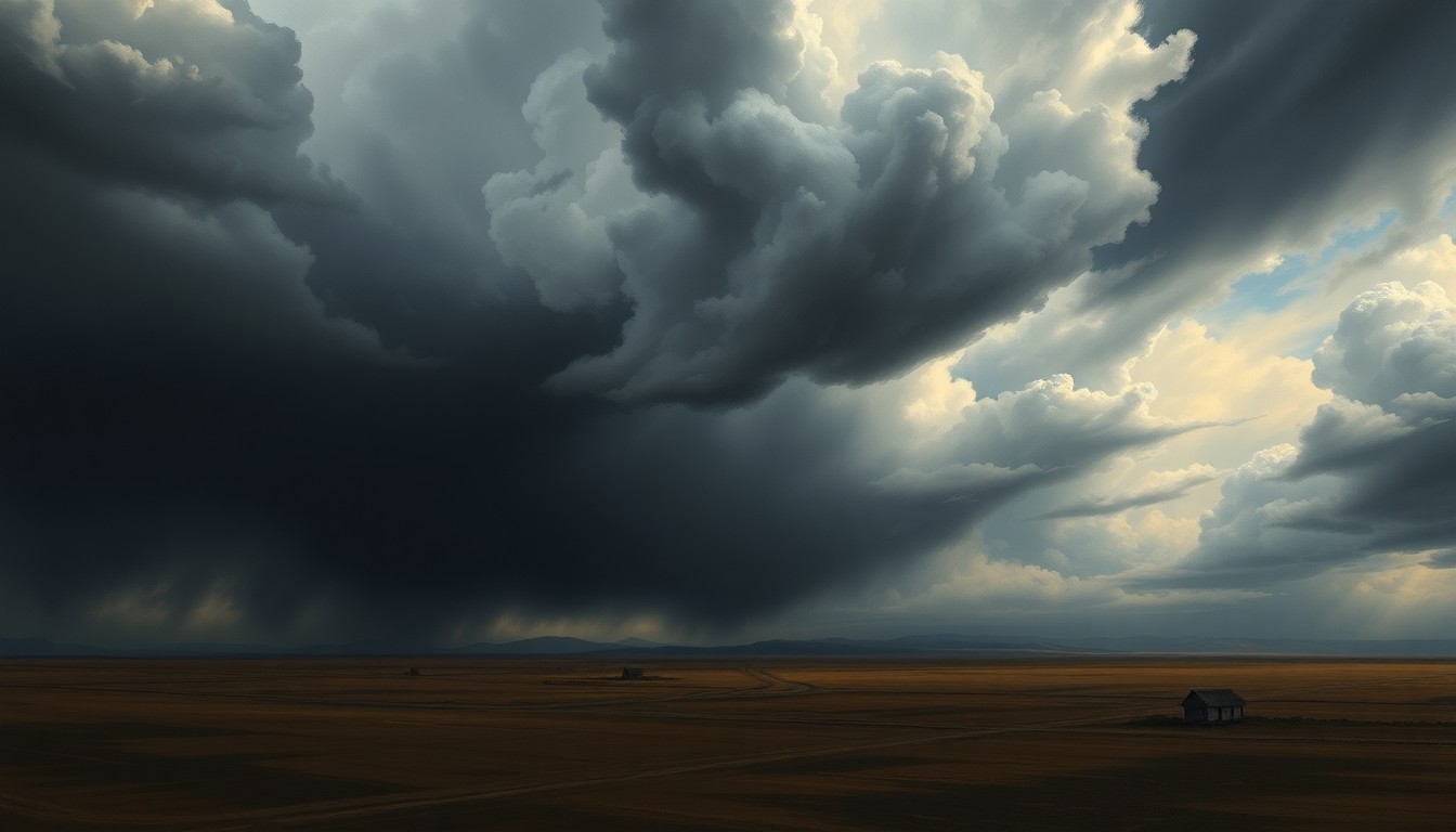 A vast, atmospheric landscape painting depicting a sweeping, dramatic sky filled with dark, foreboding storm clouds over a flat, desolate horizon, conveying the overwhelming scale and power of an impending severe weather event.
