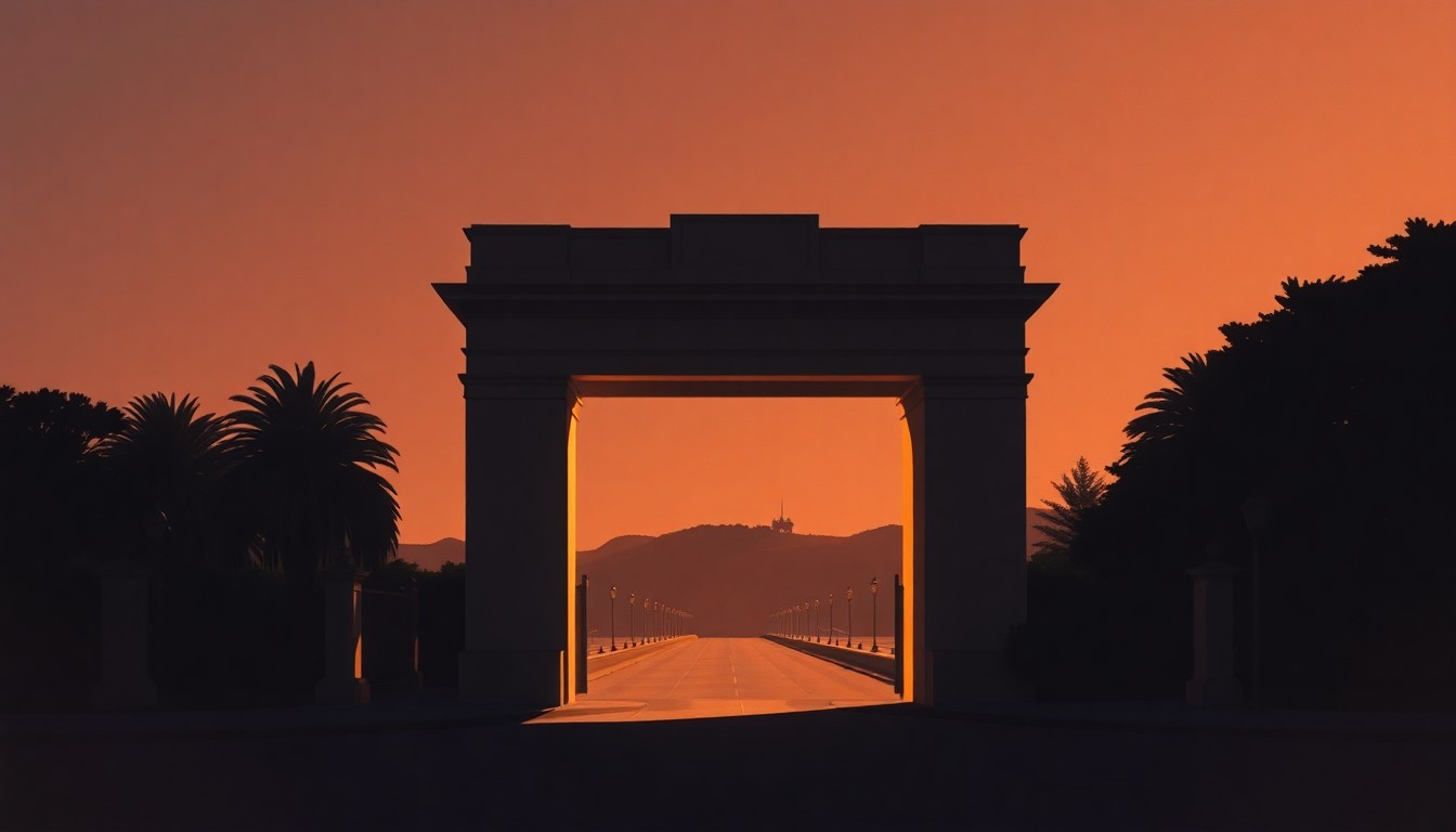 A serene, nostalgic painting of the Presidio Gate in San Francisco, with the iconic Golden Gate Bridge visible in the background. The gate is bathed in warm, golden light, creating a sense of timeless tranquility despite the political changes affecting the park's administration.