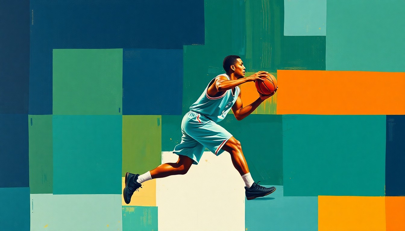 A fragmented, geometric painting depicting the silhouette of a basketball player in motion, broken down into sharp, overlapping planes of navy, green, and orange, conceptually representing the anticipation and uncertainty around a high-profile college recruitment decision.