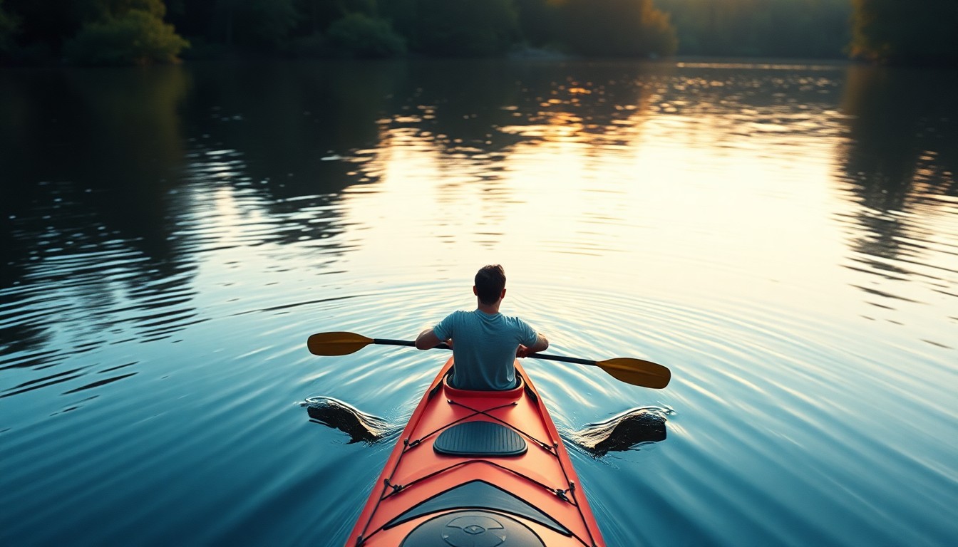 An abstract, impressionistic photograph of a kayaker paddling on a tranquil river, with the scene captured in soft, hazy pools of warm light and color, conveying a sense of peaceful recreation on the water.