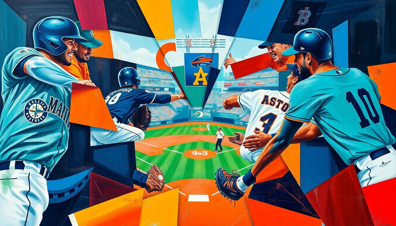An abstract, cubist-style painting featuring overlapping geometric shapes and planes in the colors of the Seattle Mariners and Houston Astros uniforms, capturing the intensity and energy of their baseball matchup.