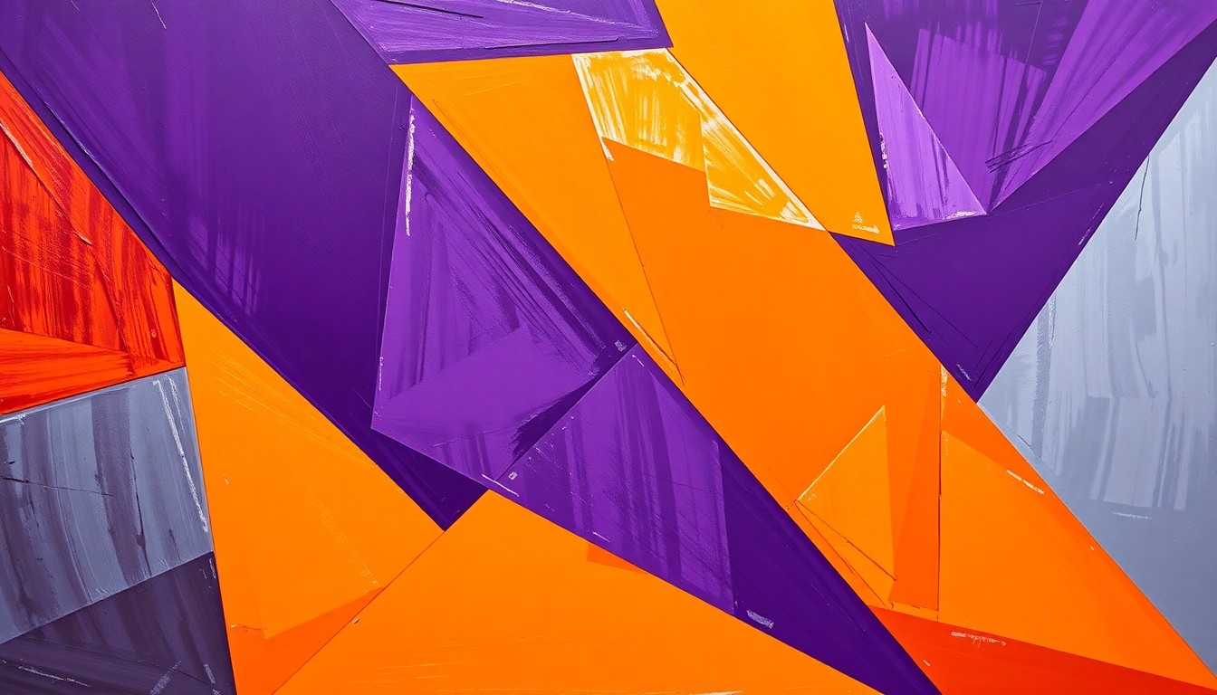 A cubist, geometric painting depicting an NBA basketball game with overlapping planes of bright orange, deep purple, and metallic silver, capturing the intensity and energy of the Lakers-Rockets playoff matchup.