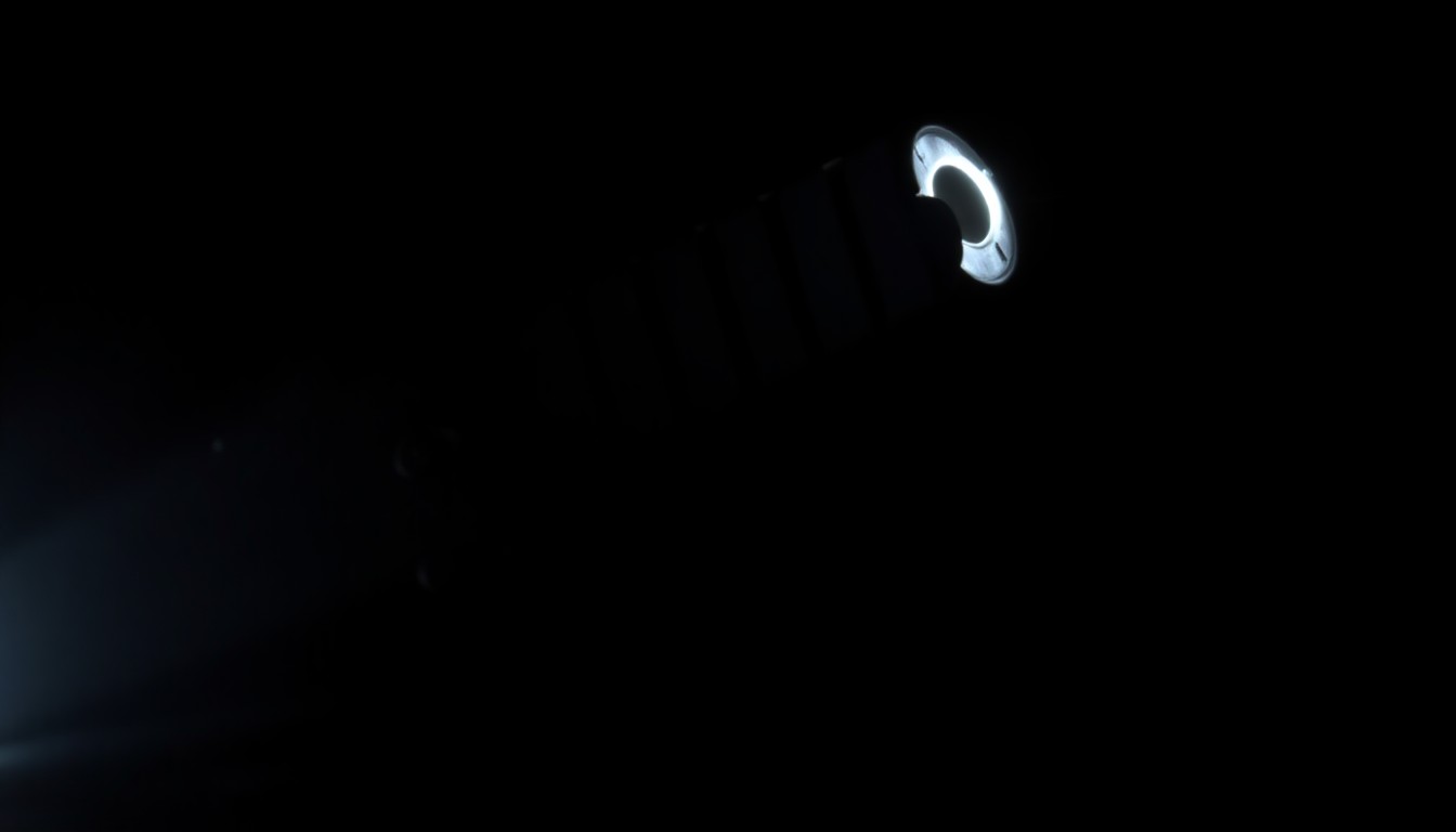 An extreme close-up photograph of a handgun magazine or other small firearm component, capturing the dramatic textures and shadows created by the harsh flash lighting against a pitch-black background, conveying a sense of tension and investigation surrounding the incident.
