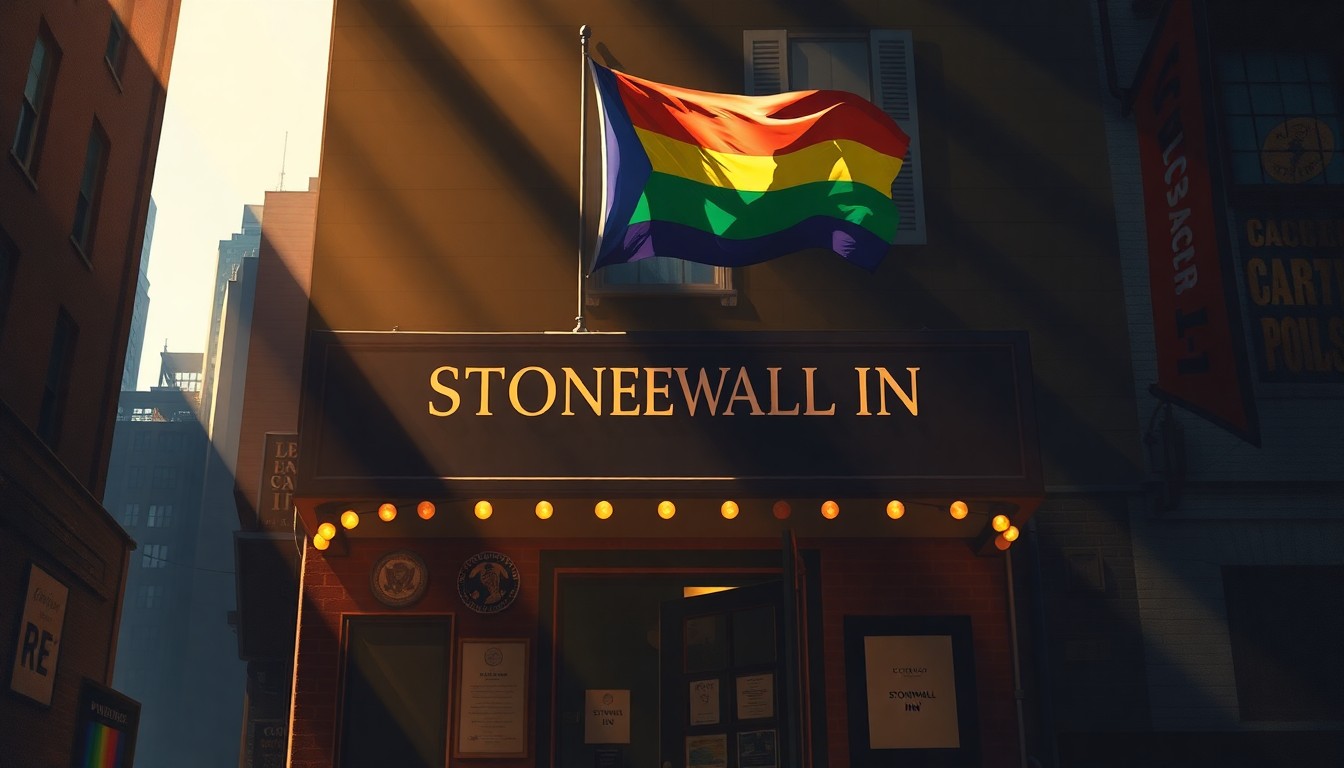 A photorealistic painting of the Stonewall Inn in New York City, with the LGBTQ pride flag prominently displayed above the entrance. The building is bathed in warm, diagonal sunlight and deep shadows, creating a nostalgic, cinematic atmosphere.
