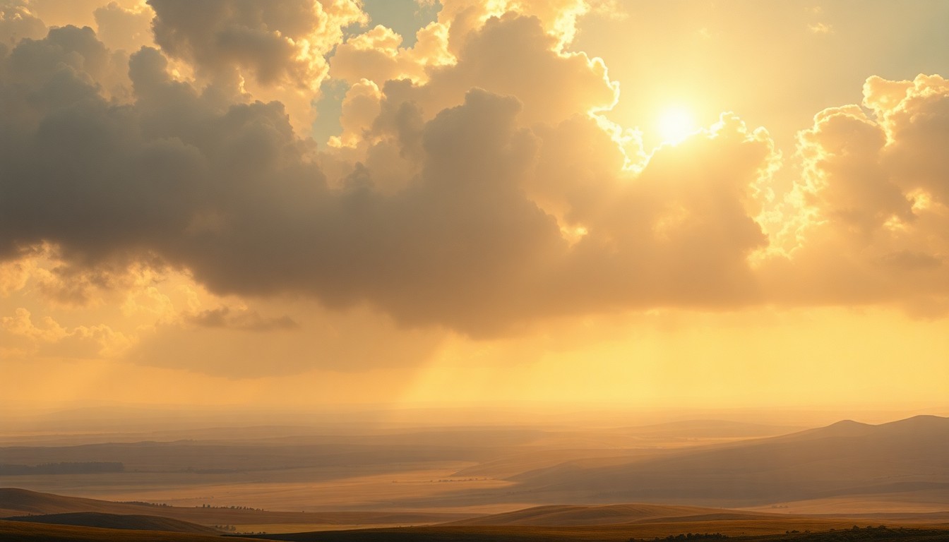 A sweeping, atmospheric landscape painting in muted tones of gold, green, and blue, with a vast, dramatic sky dominating the scene and obscuring the details of the land below, conveying the sublime scale of the natural world.