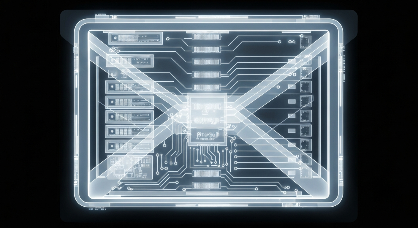 A ghostly, translucent X-ray image revealing the internal circuitry and data structures of an email envelope or server rack, conveying the concept of quantum-resistant encryption and the need to protect sensitive healthcare communications.