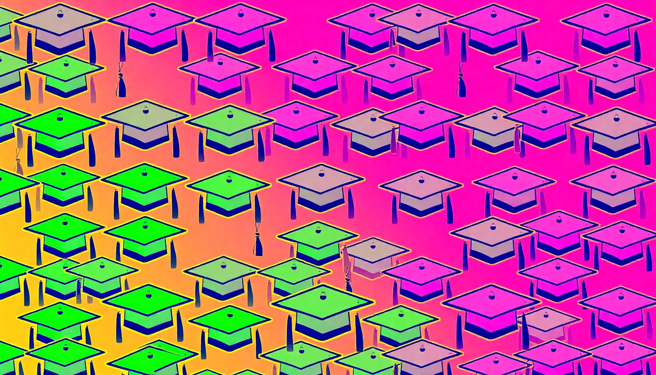 A brightly colored, high-contrast silkscreen print of a graduation cap repeated in a tight grid pattern, with overlapping bold black photographic outlines to turn the iconic academic symbol into modern pop art, conceptually representing the energy and excitement of a university commencement ceremony.