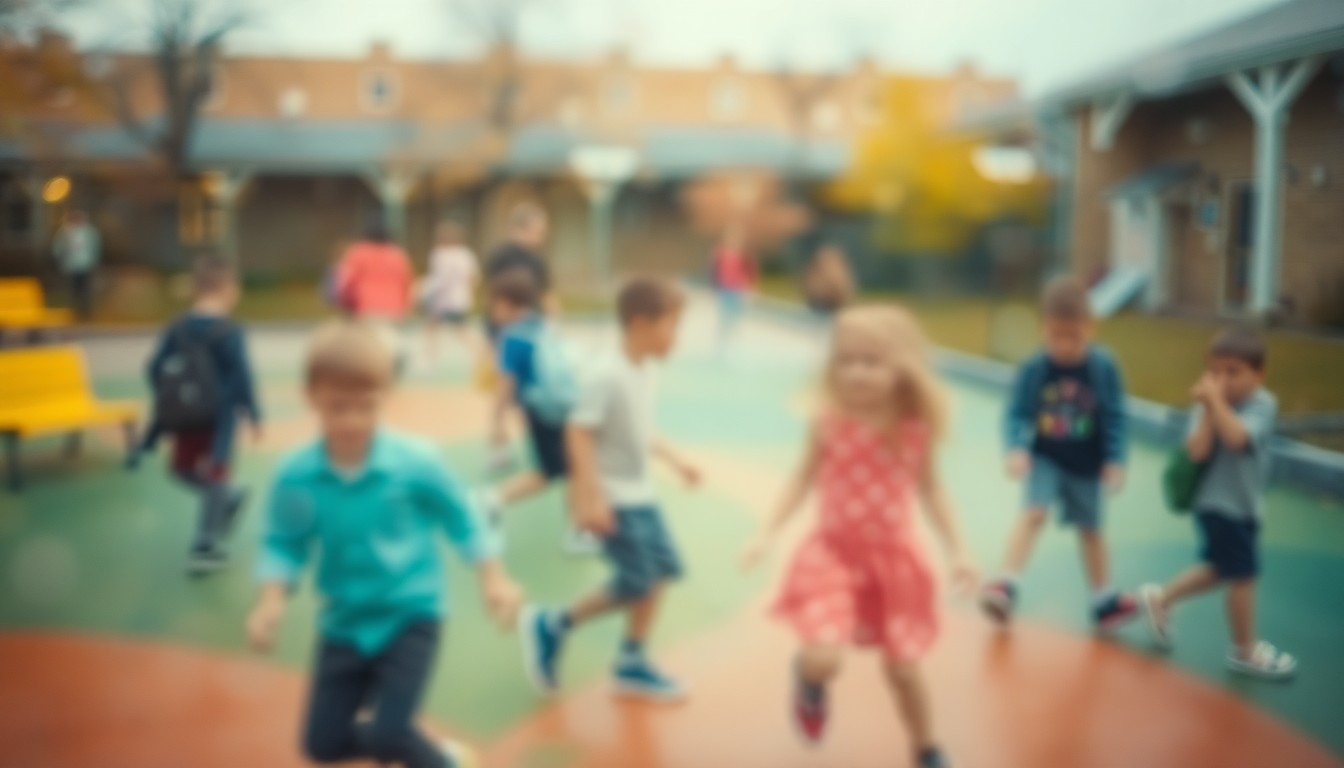 An abstract, impressionistic image of blurred, colorful shapes representing children playing on a school playground, conveying a sense of the community's investment in their local elementary schools.