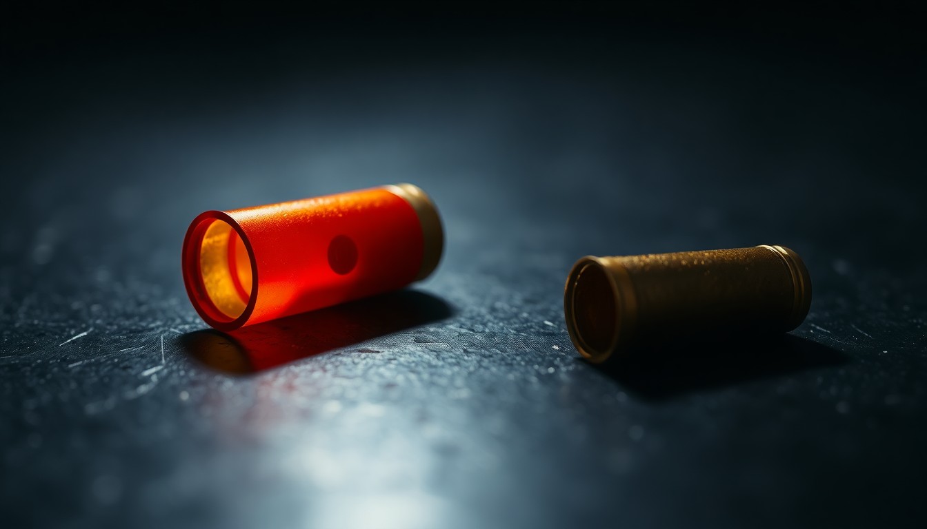 An extreme close-up of a shiny, metallic spent shell casing resting on a dark, textured surface, conceptually representing the physical evidence left behind by a violent crime.