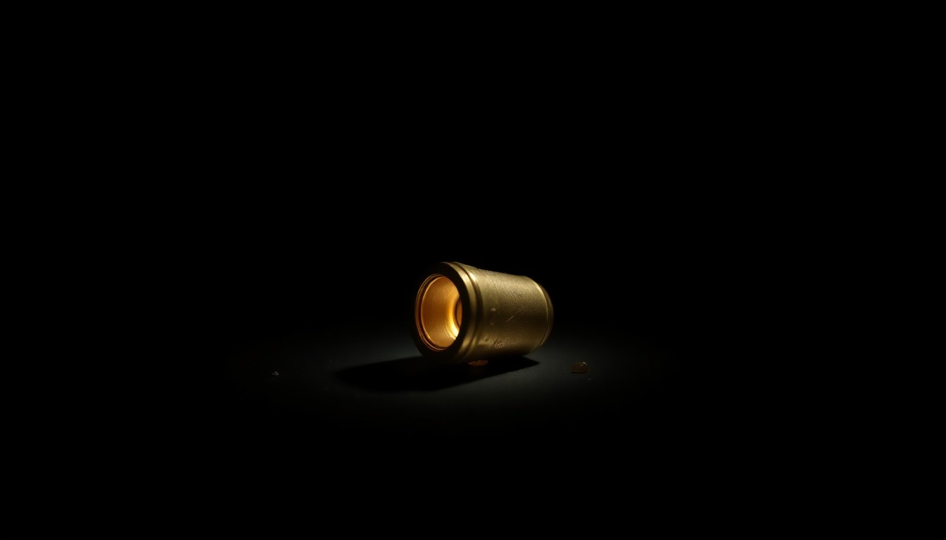 An extreme close-up photograph of a single shell casing or other small piece of physical evidence from the crime scene, lit by a harsh, direct camera flash against a pitch-black background, conceptually illustrating the gritty investigation into the tragic shooting.
