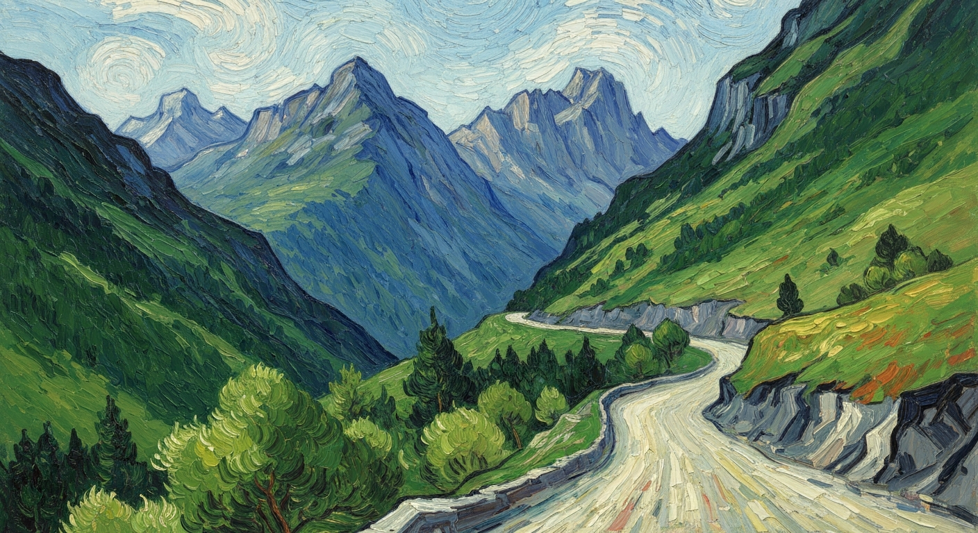 A vibrant, impressionistic oil painting depicting a winding mountain road cutting through a lush, green landscape, with towering peaks in the background, conceptually representing the seasonal opening of a scenic alpine passageway.