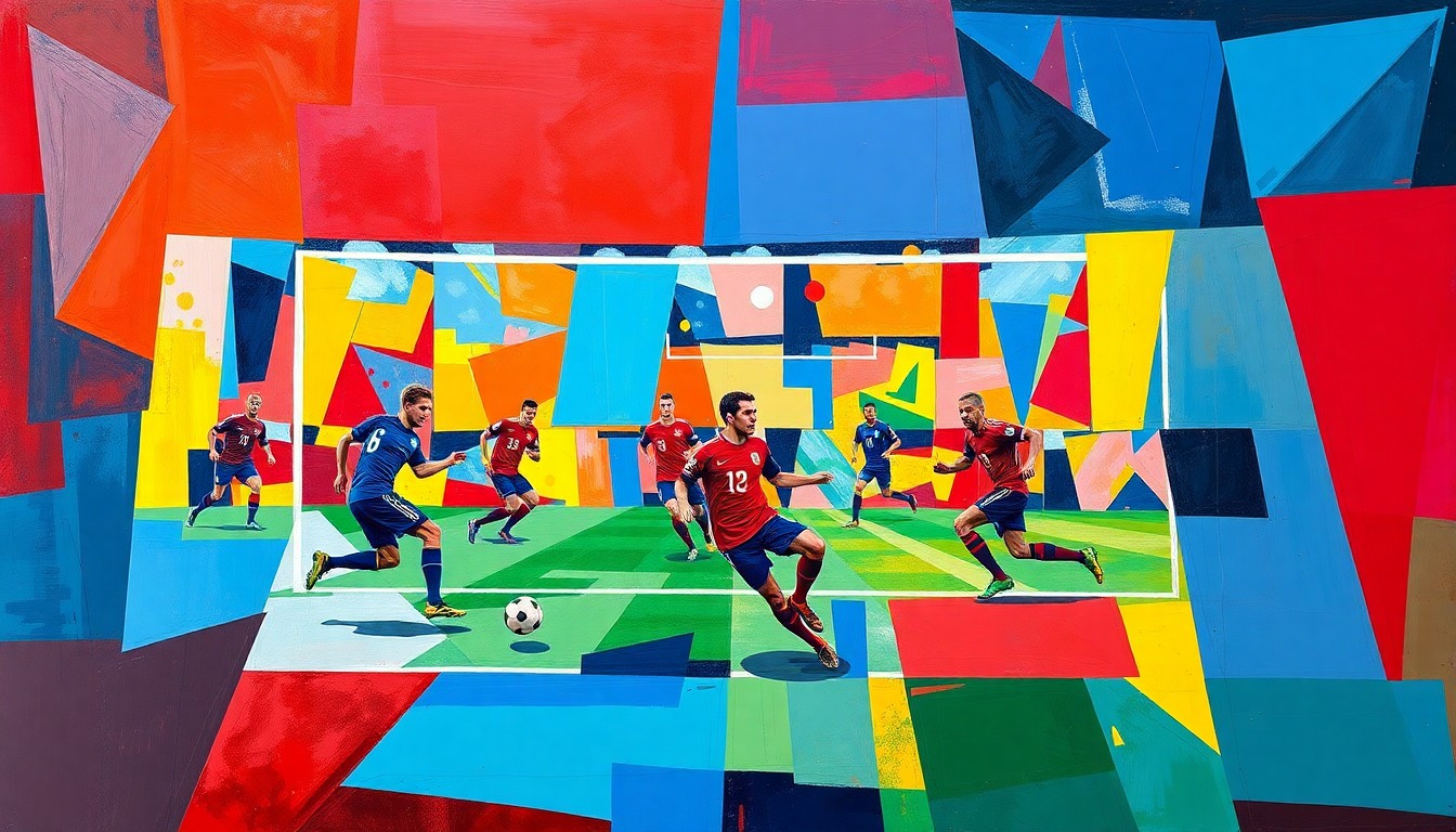 A cubist, geometric painting depicting various soccer players and actions, with overlapping shapes and planes in a vibrant color palette, capturing the energy and competition of the USMNT's World Cup preparations.