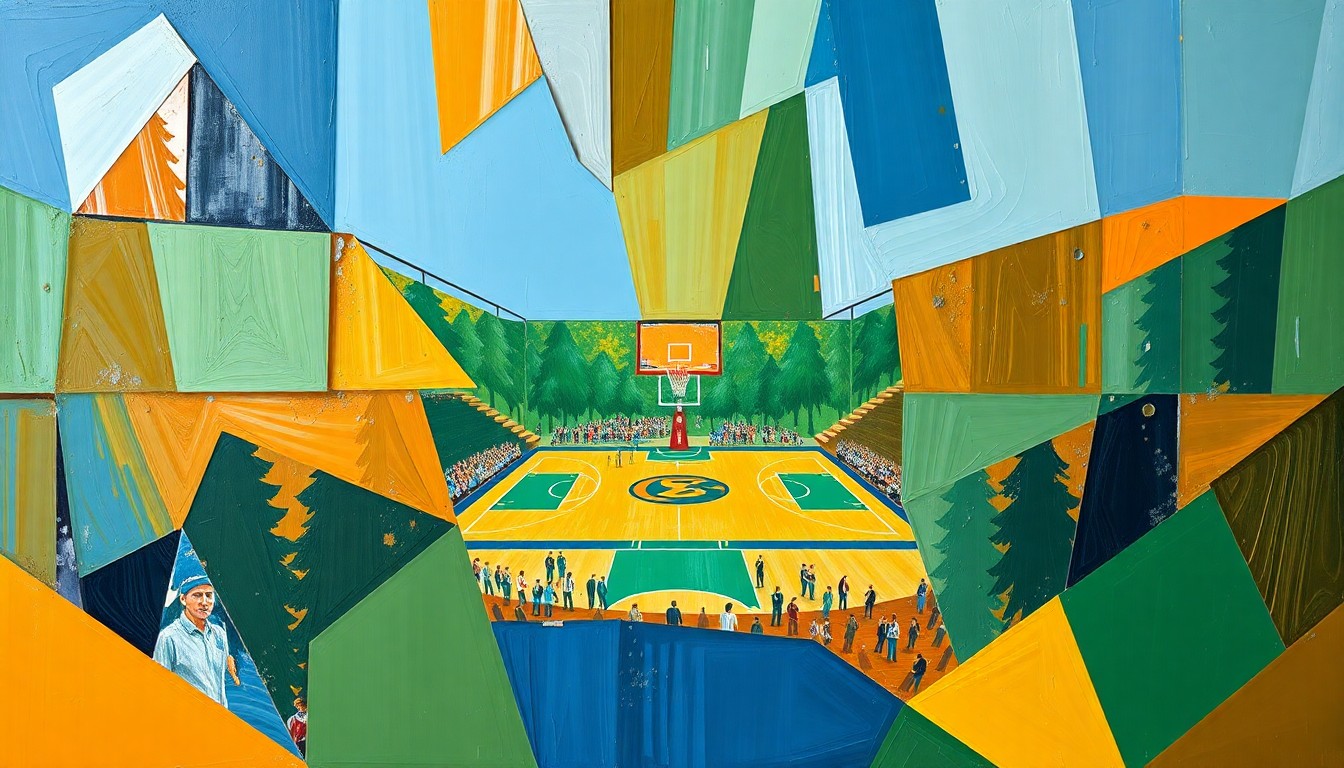 A fragmented, cubist-style painting depicting a college basketball game, with the players and court broken down into sharp, overlapping geometric shapes in vibrant colors, conveying the disruption and uncertainty caused by the loss of a key player.
