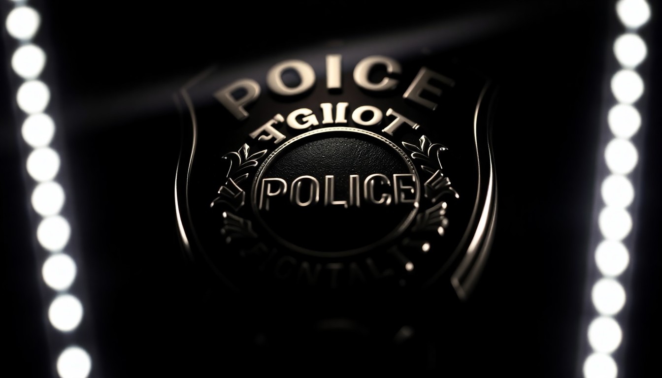 An extreme close-up photograph of a police badge or other law enforcement equipment, lit by a harsh, direct camera flash against a pitch-black background, creating a stark, gritty, investigative aesthetic.