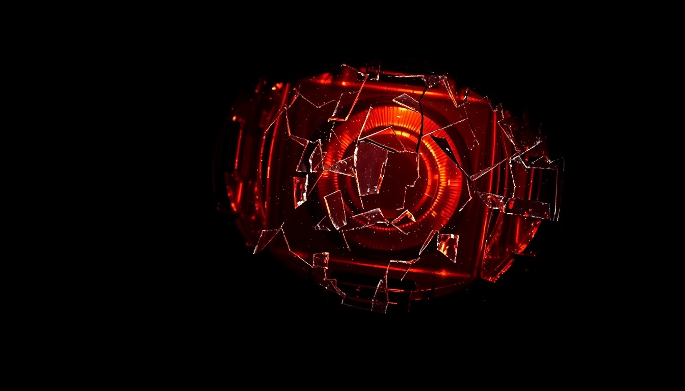 An extreme close-up of a shattered bicycle reflector, its glass and metal fragments reflecting a harsh flash of light, conceptually illustrating the aftermath of a tragic hit-and-run collision.