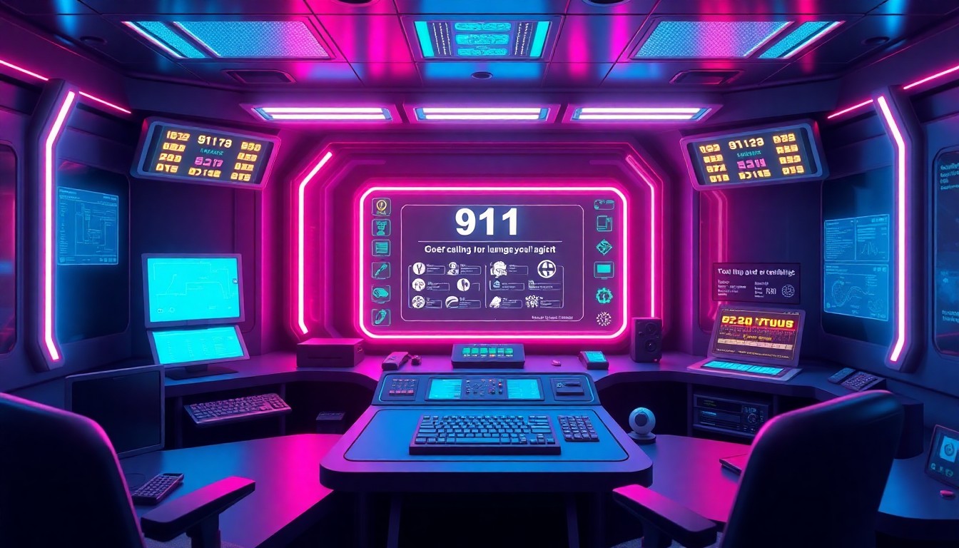 A highly detailed, glowing 3D illustration of a futuristic 911 call center console, with neon lights highlighting the various input and output interfaces. The central display shows real-time language translation, representing the advanced technology used by the Kansas City Police Department to assist international visitors during emergencies.