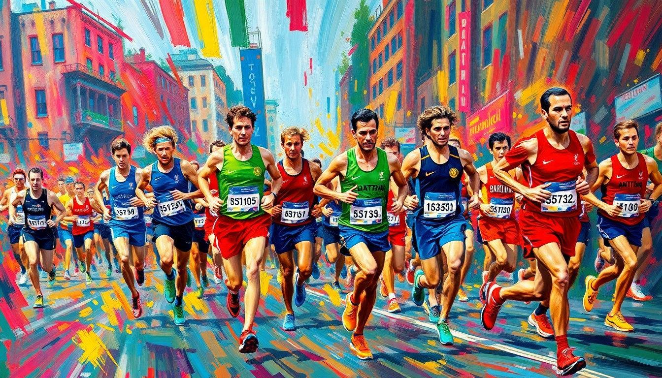 An abstract, expressionist painting in vibrant neon colors, featuring dynamic brushstrokes that capture the intense physical motion and energy of runners competing in a marathon race.