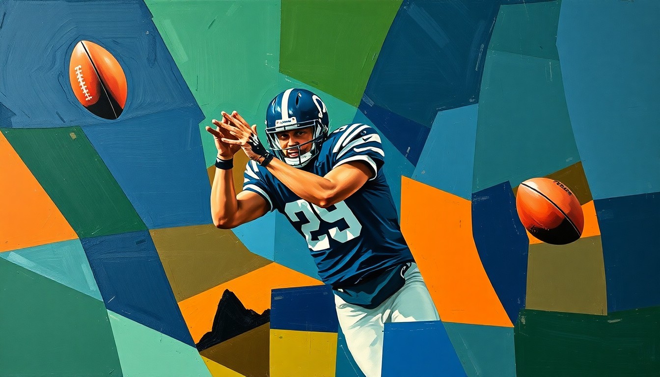 A fragmented, geometric painting depicting a football player making a catch, with sharp planes of navy, green, and orange overlapping to create a dynamic, abstract composition.