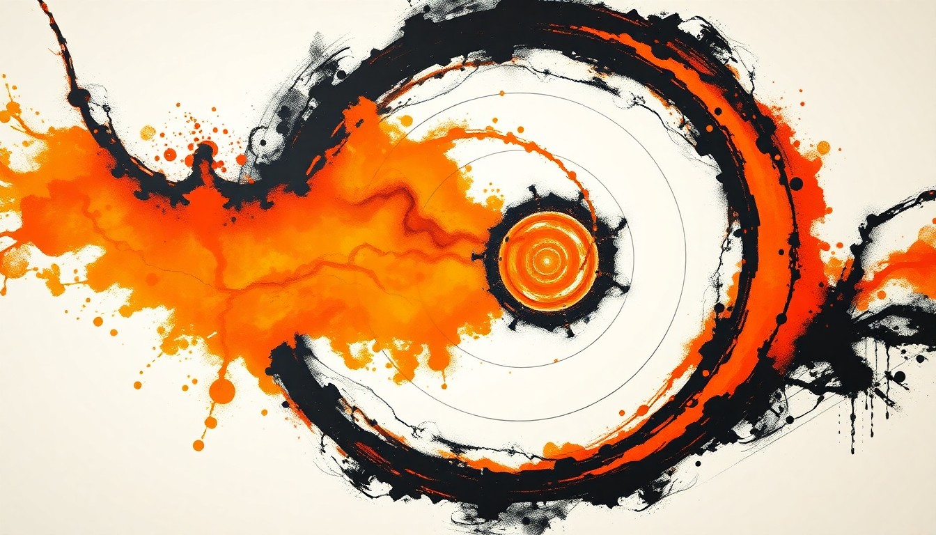 A bold, abstract painting in muted tones of orange, red, and black, depicting sweeping geometric shapes and precise botanical spirals, conceptually representing the complex chemical and physical forces at play during a lithium-ion battery fire.