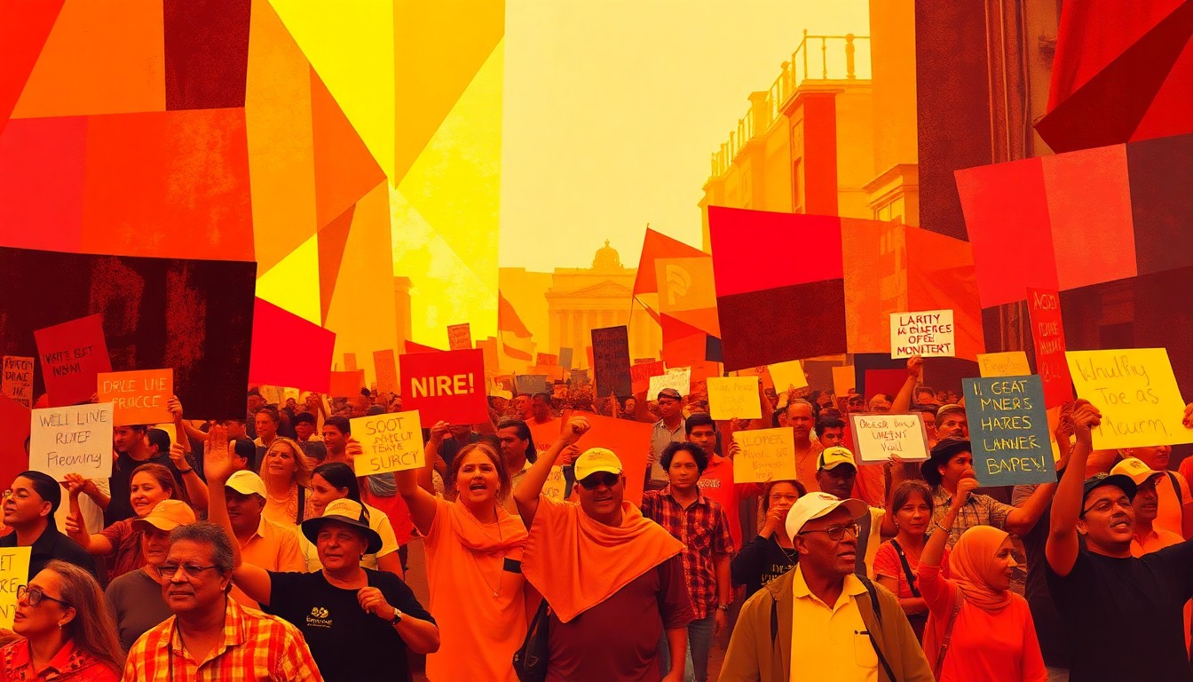 A dynamic, abstract painting depicting a crowd of protesters marching and chanting, with overlapping geometric shapes and bursts of vibrant color, conveying the energy and urgency of the demonstration against U.S. weapons sales to Israel.