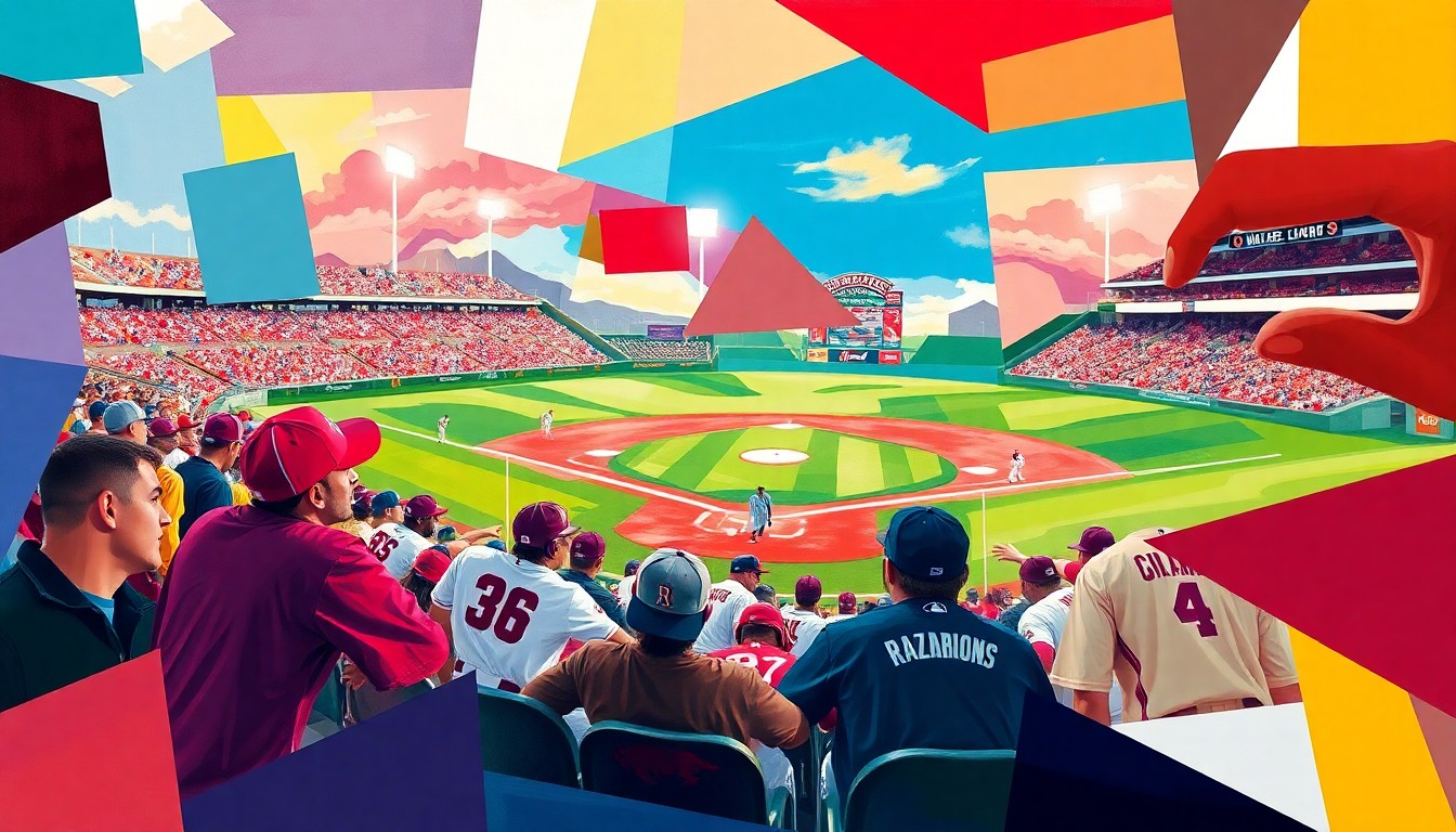 A fragmented, geometric painting featuring the colors of the University of Arkansas and University of Arkansas-Pine Bluff baseball uniforms, conceptually representing the competitive clash between the two teams.