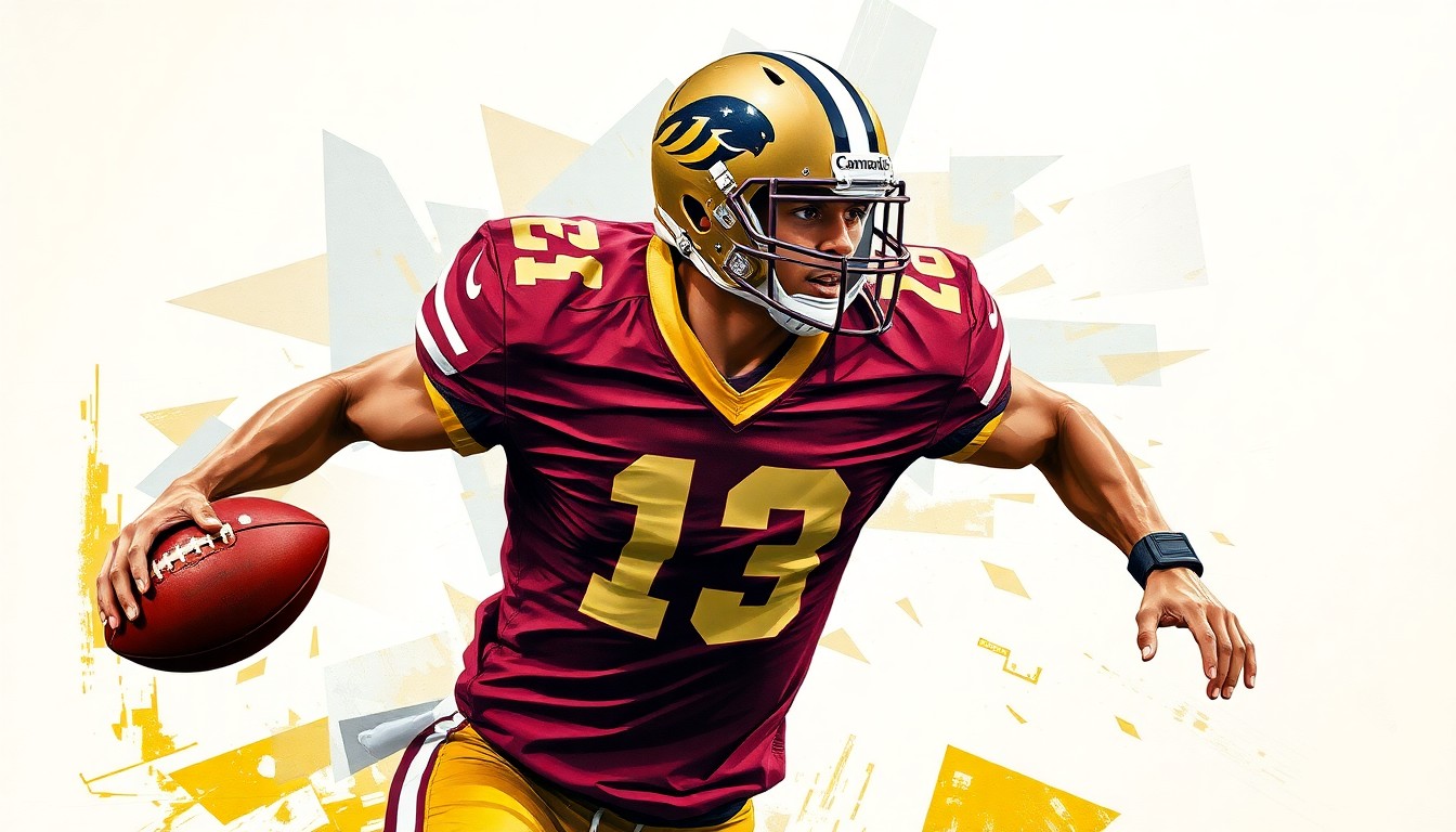 A fragmented, geometric painting depicting a football player in motion, with sharp, overlapping planes of burgundy and gold representing the Washington Commanders' team colors.