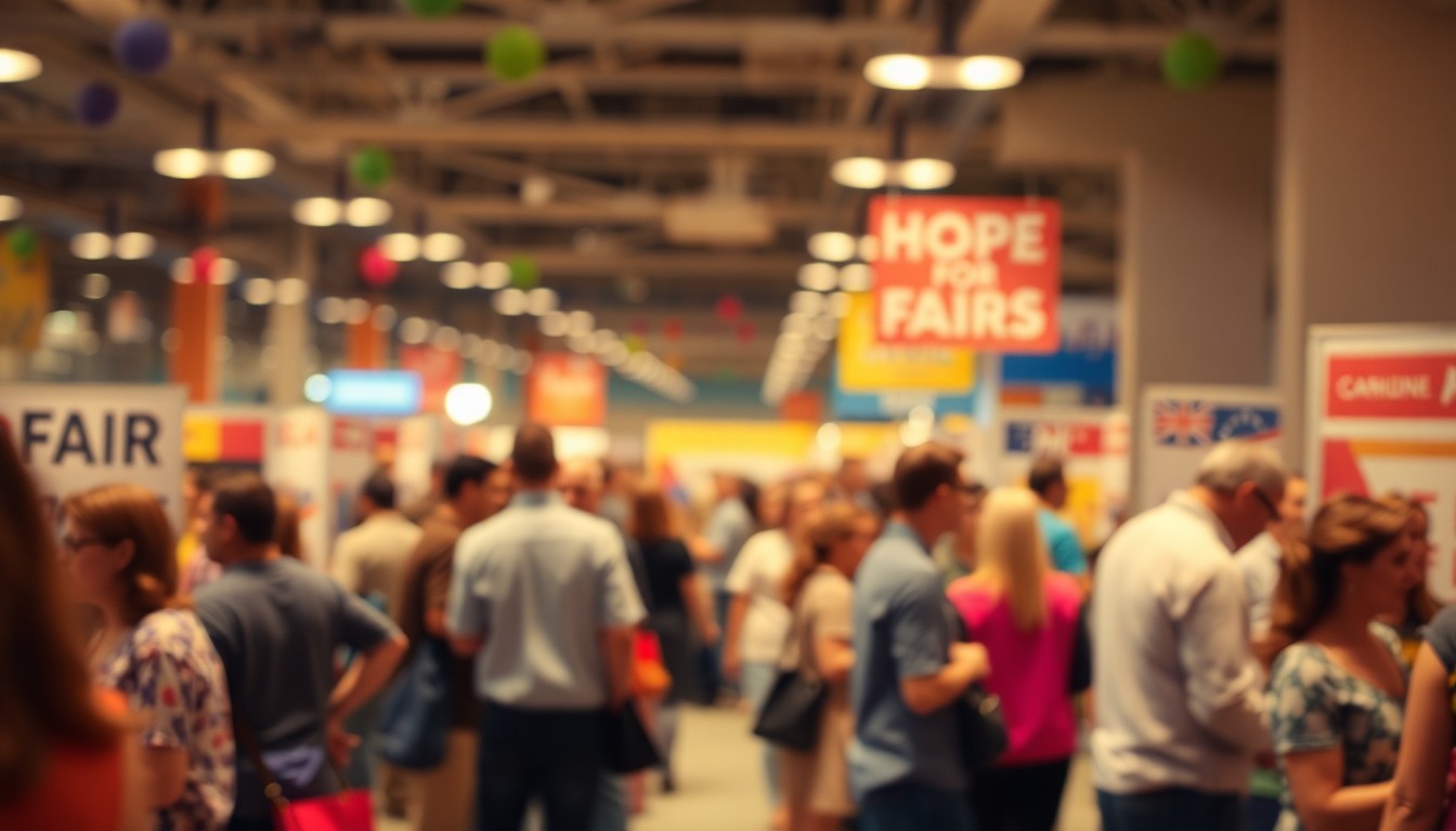 An extremely abstracted, out-of-focus photograph of a job fair event, with blurred figures mingling and conversing in a warm, hazy light wash, conveying a celebratory and hopeful atmosphere around second chances and employment opportunities.