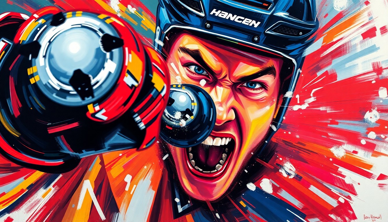 An abstract, expressionist painting in vibrant neon colors depicting the blurred, distorted face of a hockey player after being struck by a puck, capturing the raw energy and intensity of the impact.
