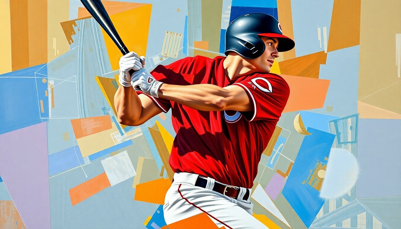 A fragmented, geometric painting depicting a baseball player's batting motion, with sharp planes of red, black, and white representing the dynamic movements of the swing.