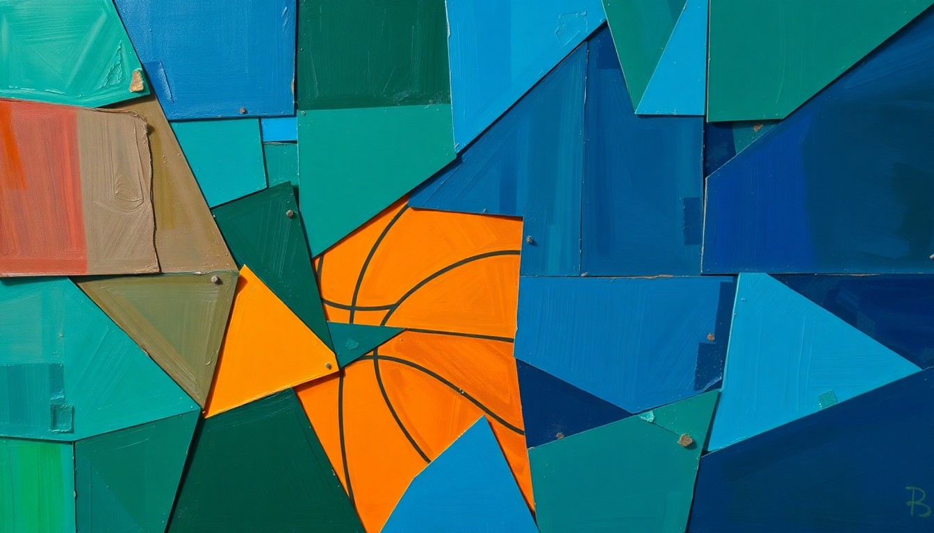 A fractured, multi-perspective painting breaking down a college basketball scene into sharp, overlapping planes of deep blue, forest green, and burnt orange, capturing the energy and movement of the sport in a cubist style.