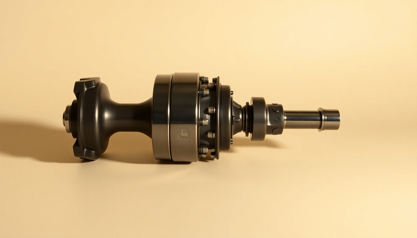 A high-end, photorealistic studio still-life photograph featuring a polished, metallic John Deere tractor part or drivetrain component elegantly arranged on a clean, monochromatic background, dramatically lit to showcase the precision engineering.