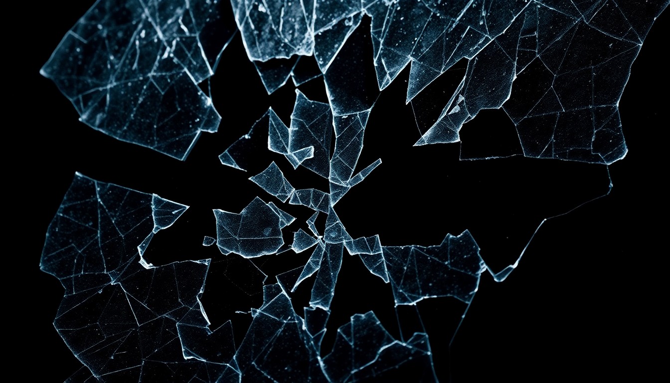 An extreme close-up photograph of a shattered car windshield against a pitch-black background, conceptually representing the violence and tragedy of a fatal hit-and-run incident.