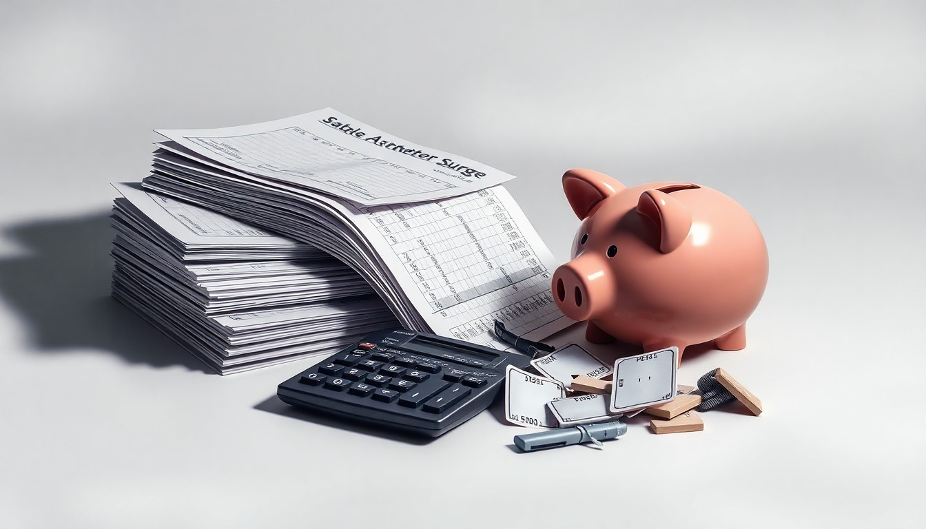 A photorealistic studio still life featuring a stack of business ledgers, a broken calculator, and a shattered piggy bank, conceptually representing the corporate impact of the Operation Metro Surge crackdown.