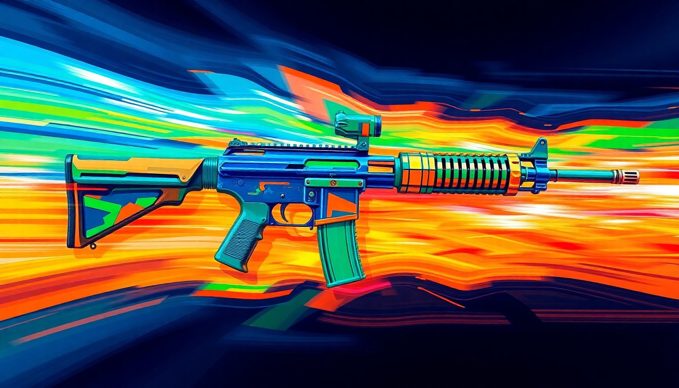 A fragmented, abstract painting of an air rifle or BB gun in a kaleidoscope of bright, clashing colors, conveying a sense of speed and motion to illustrate the legislative debate over regulating these non-lethal devices.