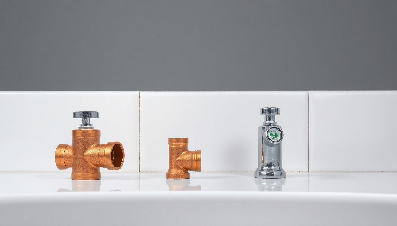 A high-end studio still life photograph featuring a polished copper pipe fitting, a chrome faucet handle, and a smooth white ceramic tile arranged elegantly against a clean, monochromatic grey background, conceptually representing the premium quality and reliability of Papa's Plumbing services.