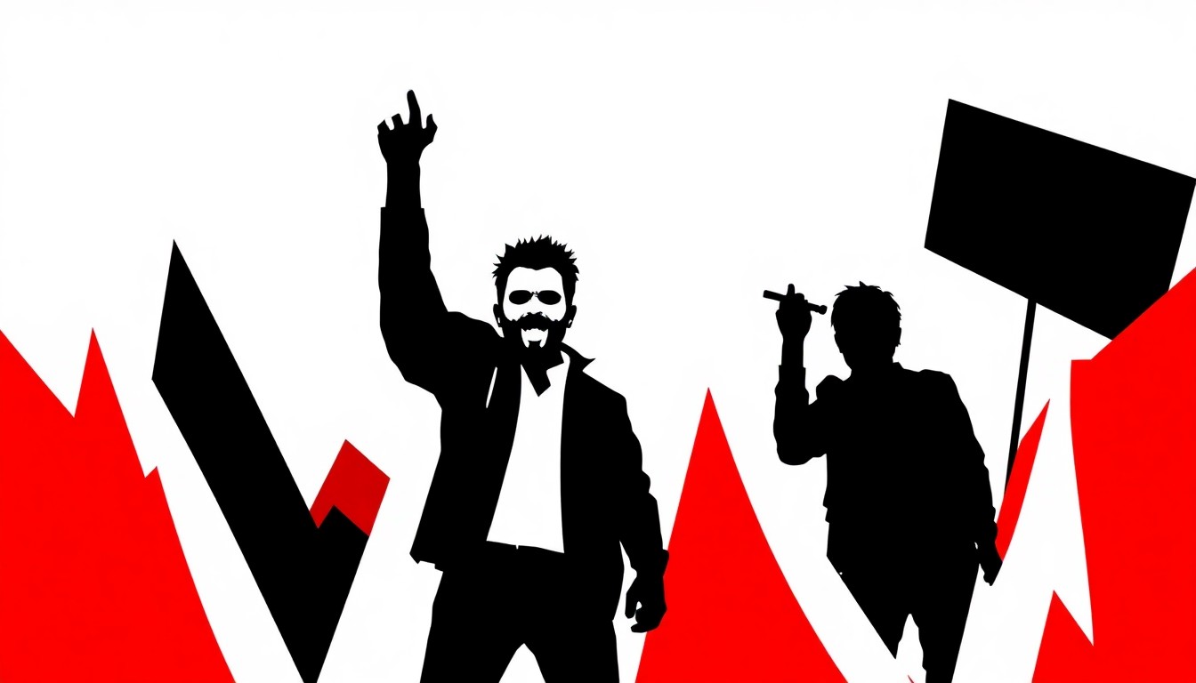 A bold, abstract composition of stark black silhouettes and geometric shapes in high-contrast red and white, conceptually representing the confrontational energy and revolutionary messages of the rock band Rage Against the Machine.