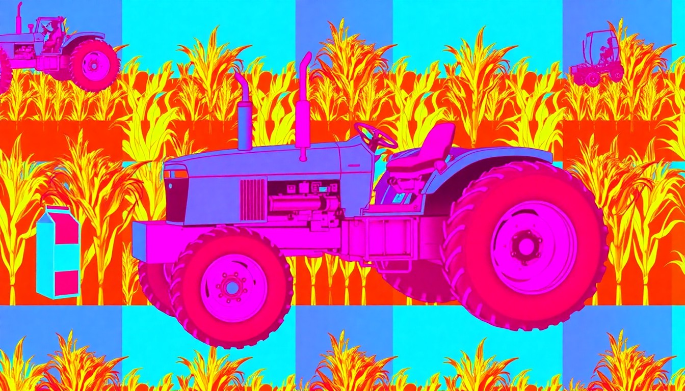 A bold, colorful silkscreen print featuring repeated images of a tractor, a corn stalk, and a milk carton, conceptually representing the agricultural focus of the Iowa FFA Leadership Conference.