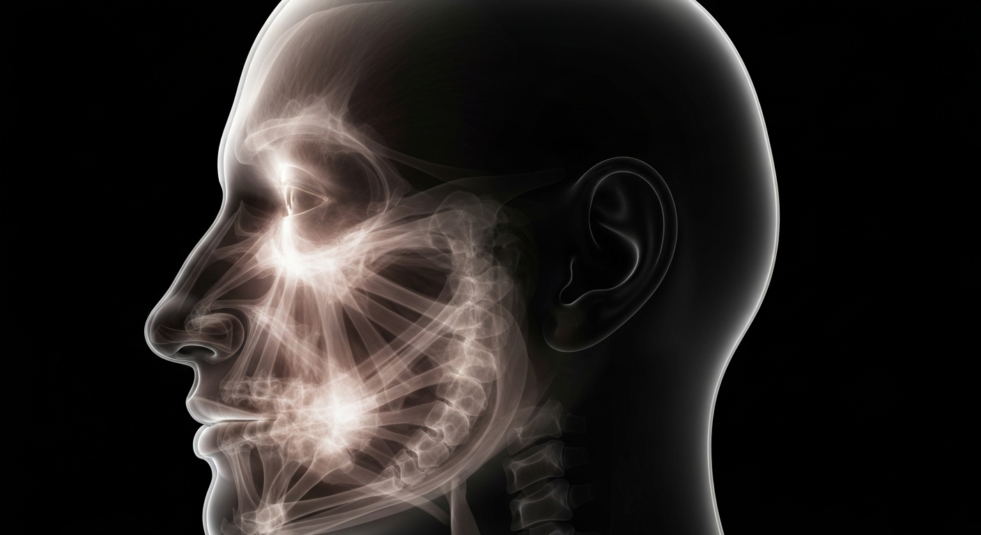 A ghostly, translucent X-ray photograph revealing the internal structure of a human face, conceptually representing the advanced technology behind the Thermage skin tightening treatment.