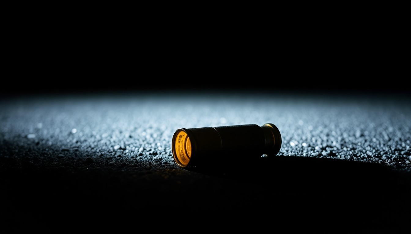 An extreme close-up of a shiny spent shell casing on a dark asphalt surface, lit by a harsh, direct camera flash to create a stark, gritty, investigative aesthetic.