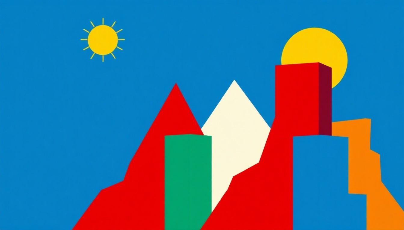 A minimalist illustration using bold geometric shapes and primary colors to conceptually represent the economic challenges facing New York's clean energy transition, without any text or identifiable elements.