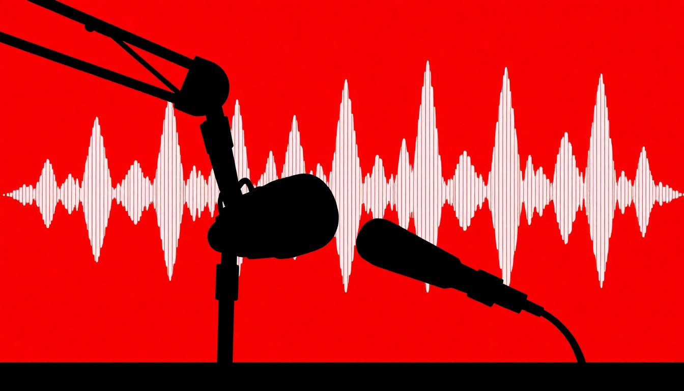 A striking black silhouette of a radio microphone and sound waves against a bold red background, conveying the abrupt departure of a veteran radio personality from the Atlanta airwaves.